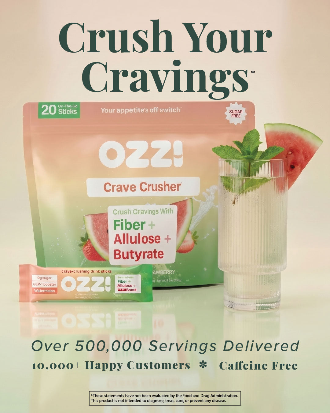 Ozzi crave-crushing drink mixed into a glass of cold water